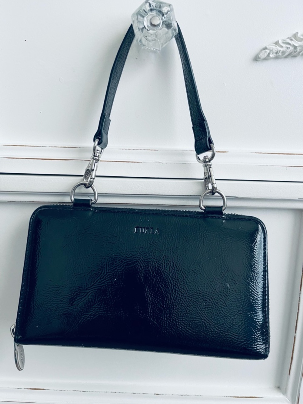 Furla Black Patent Leather Wristlet with Detachable Strap
